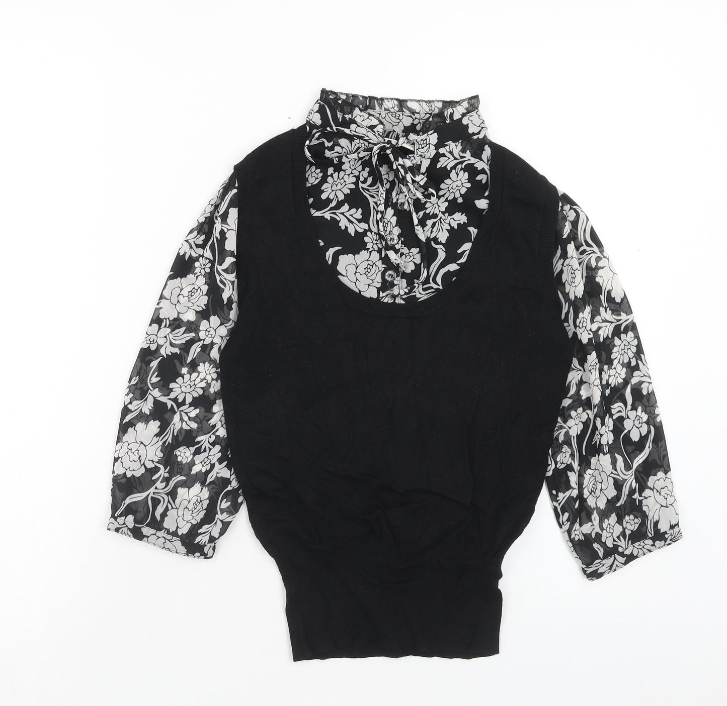 Marks and Spencer Womens Black Floral Viscose Basic Blouse Size 12 Mock Neck