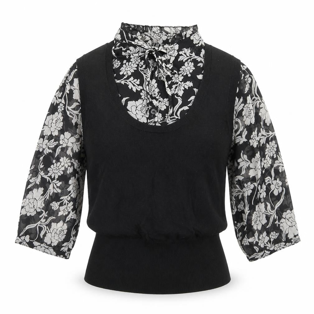Marks and Spencer Womens Black Floral Viscose Basic Blouse Size 12 Mock Neck