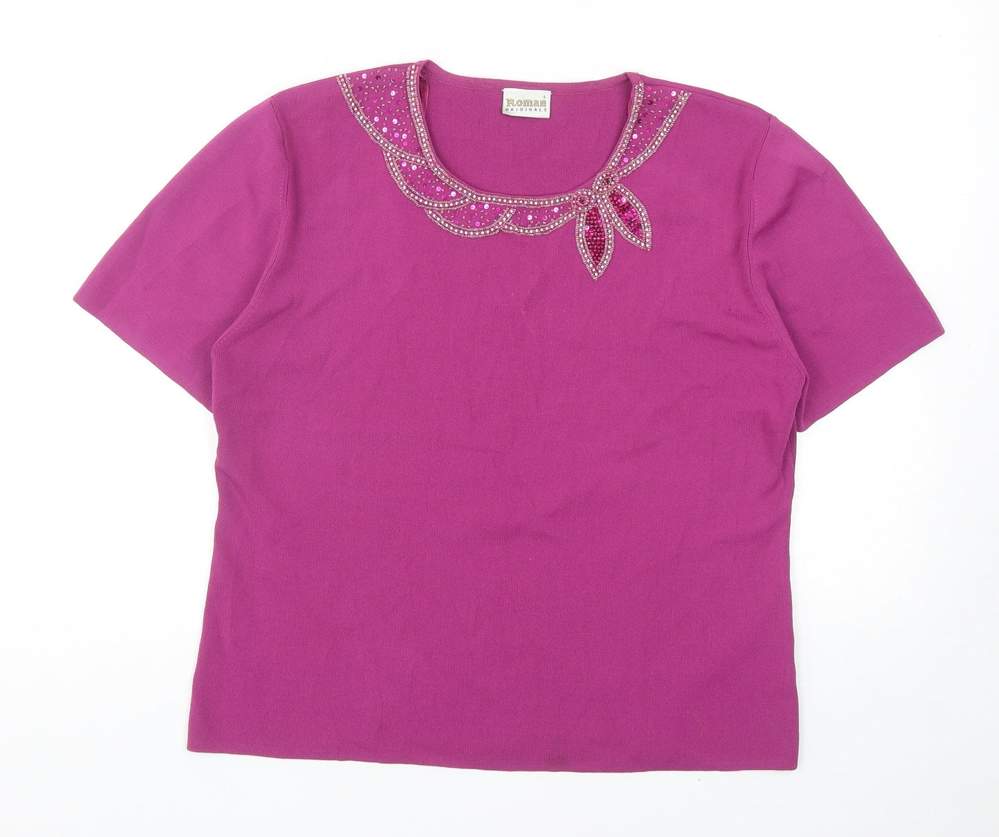 Roman Womens Purple Viscose Basic T-Shirt Size L Round Neck