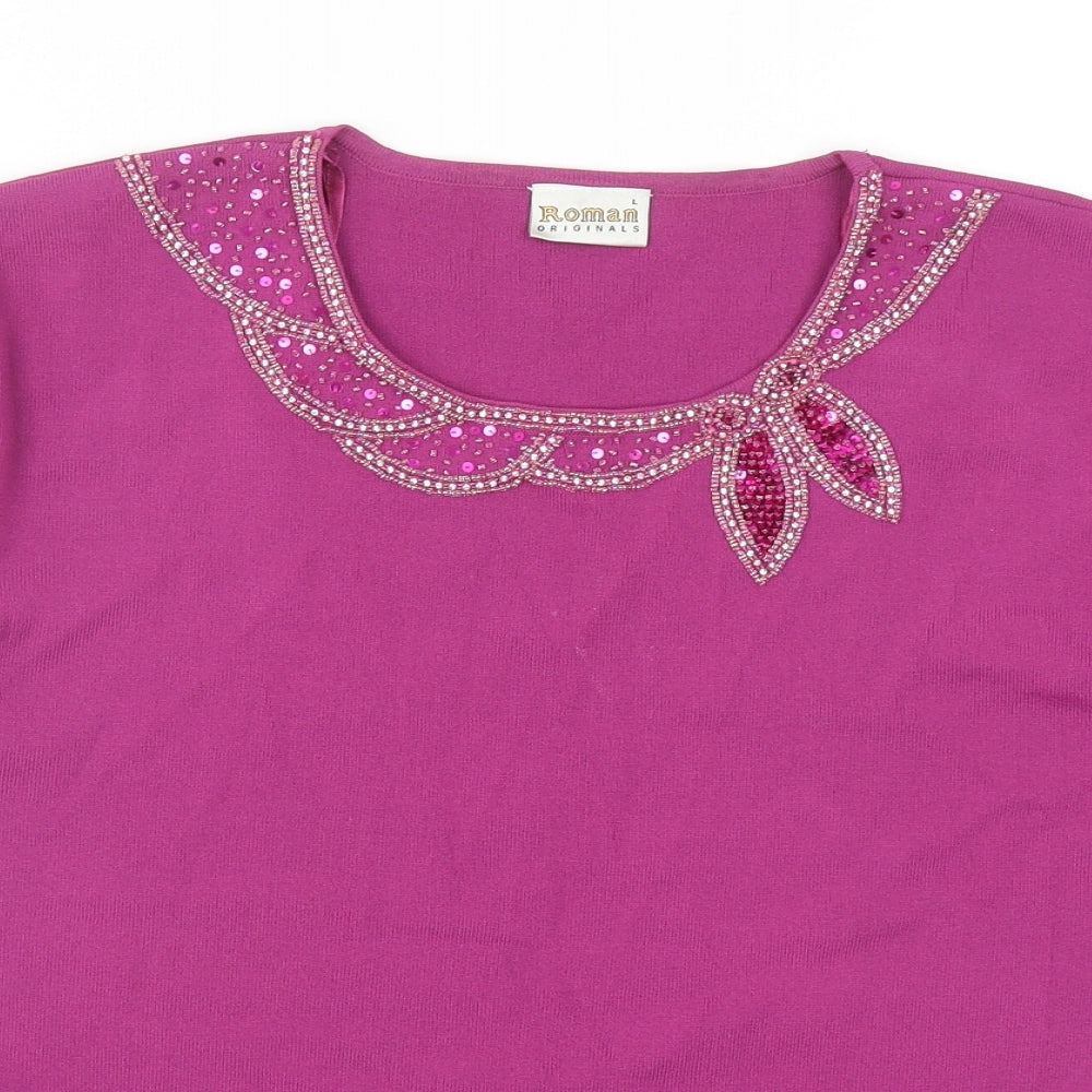 Roman Womens Purple Viscose Basic T-Shirt Size L Round Neck