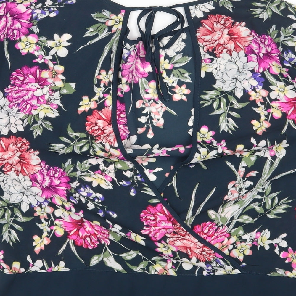 Marks and Spencer Womens Blue Floral Polyester Basic Blouse Size 6 Round Neck