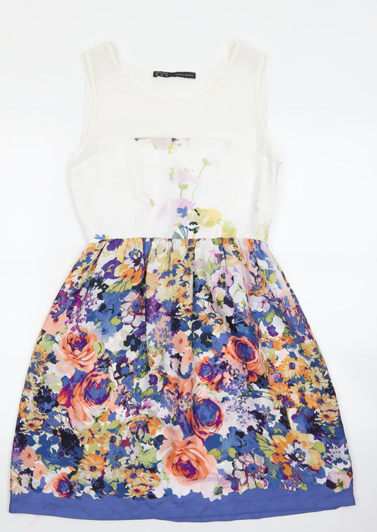 Zara Womens Blue Floral Polyester Fit & Flare Size XS Boat Neck Zip