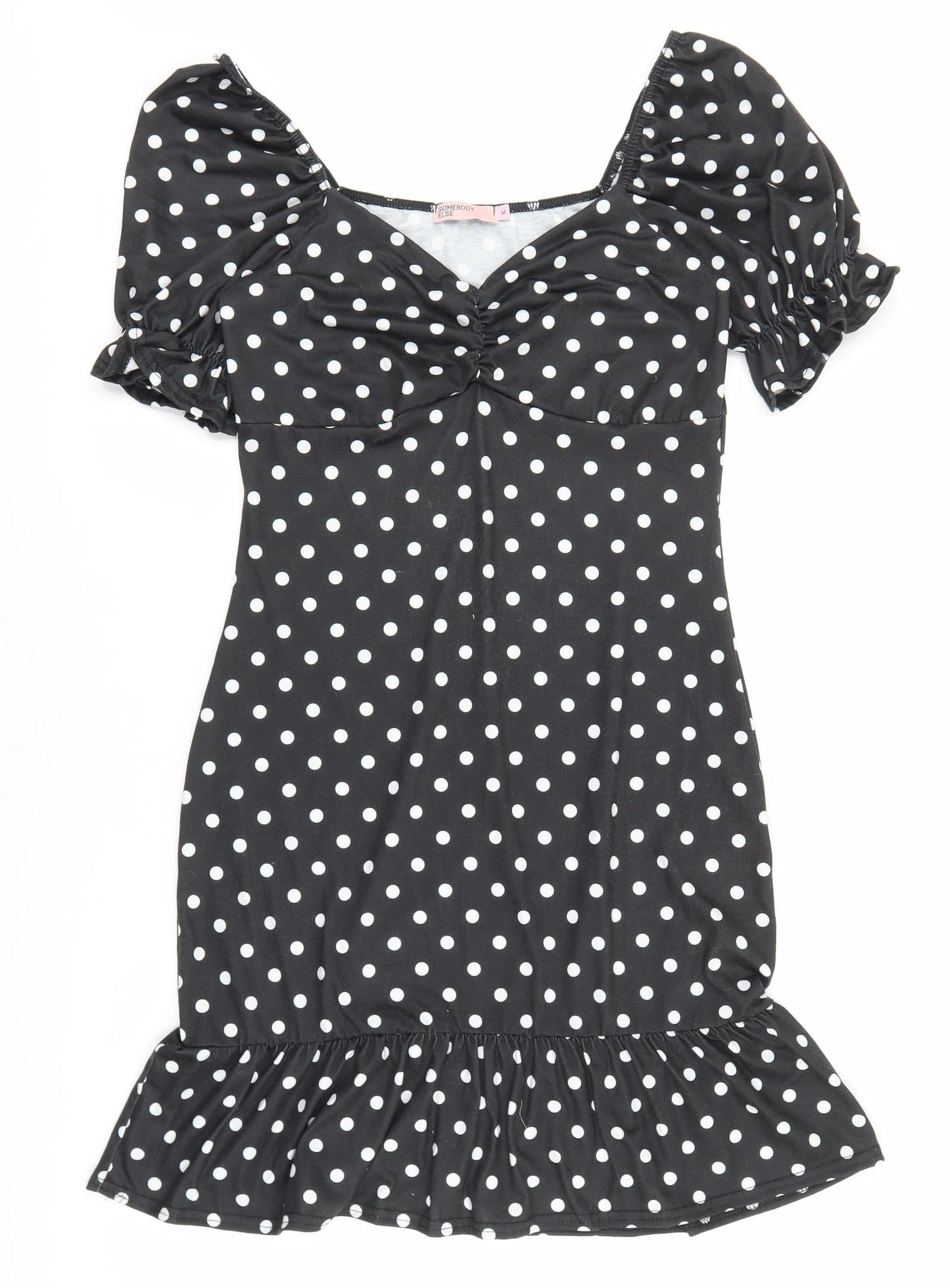 Somebody Else Womens Black Polka Dot Polyester Pencil Dress Size M V-Neck Pullover