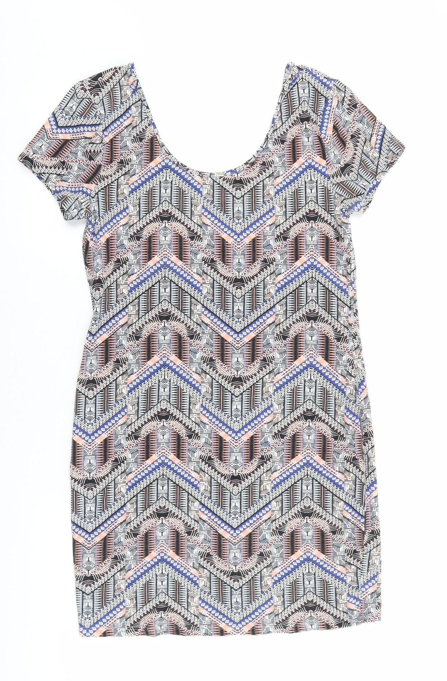New Look Womens Multicoloured Geometric Cotton Shift Size 14 Scoop Neck Pullover