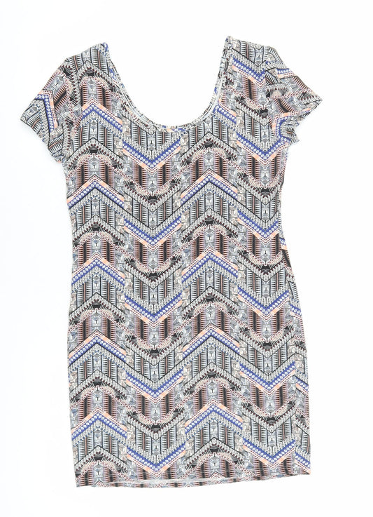 New Look Womens Multicoloured Geometric Cotton Shift Size 14 Scoop Neck Pullover
