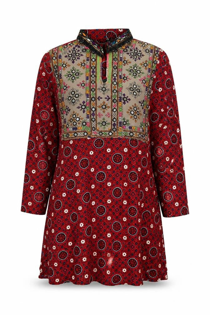 Preworn Womens Red Geometric Polyester Tunic Blouse Size 6 Round Neck - Side Slits