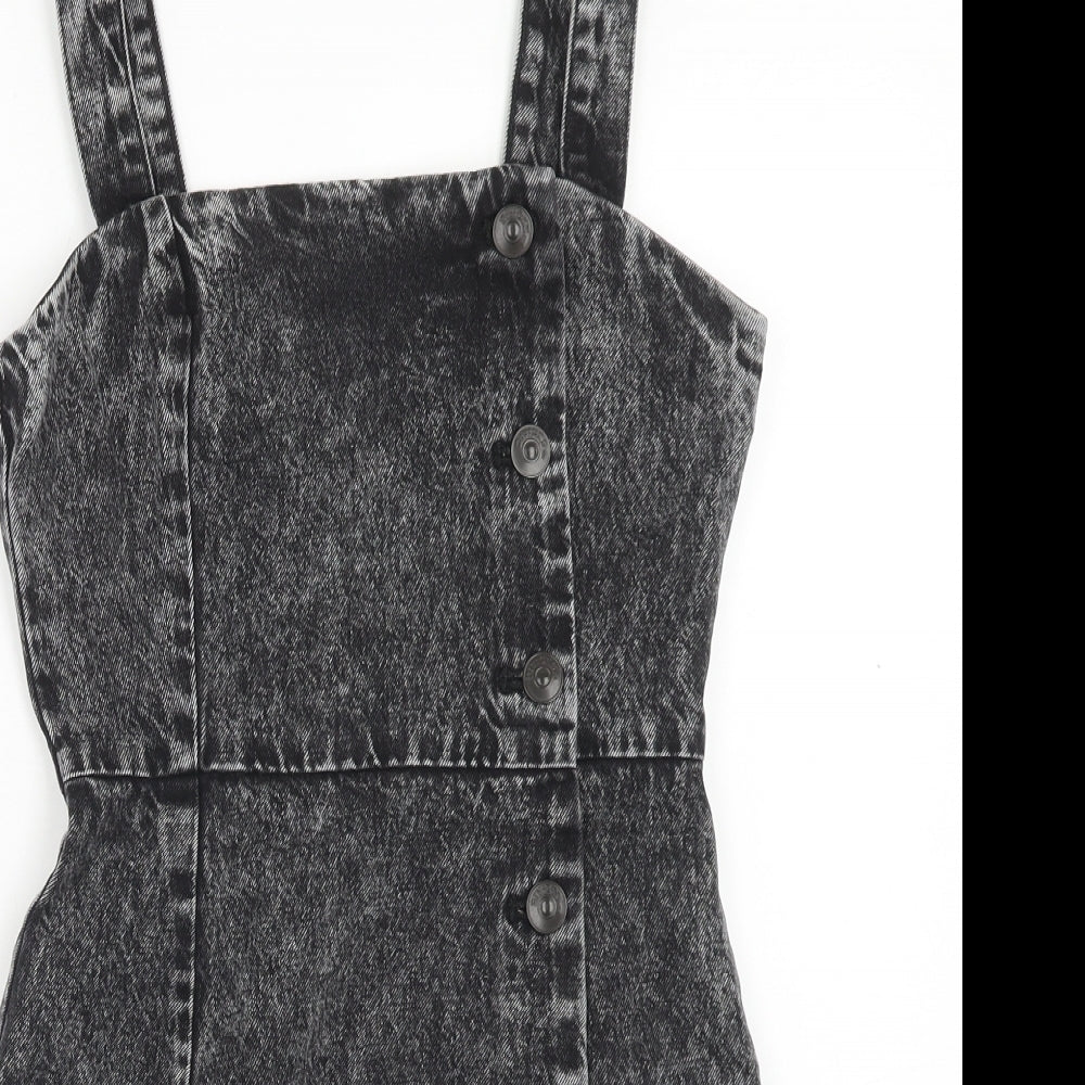 H&M Womens Green Cotton Pinafore/Dungaree Dress Size 6 Scoop Neck Button