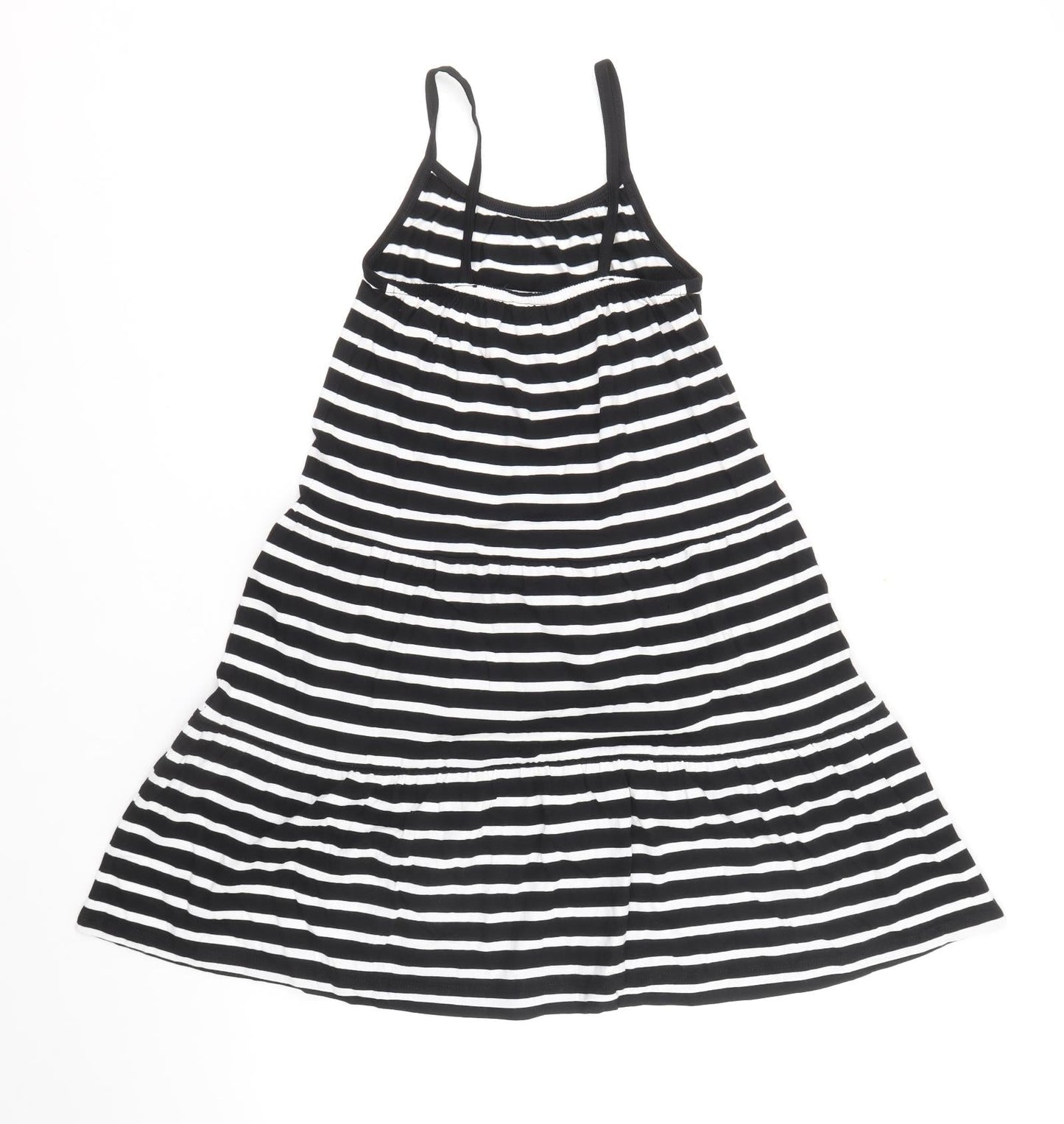 Marks and Spencer Girls Black Striped 100% Cotton Skater Dress Size 6-7 Years Round Neck Pullover