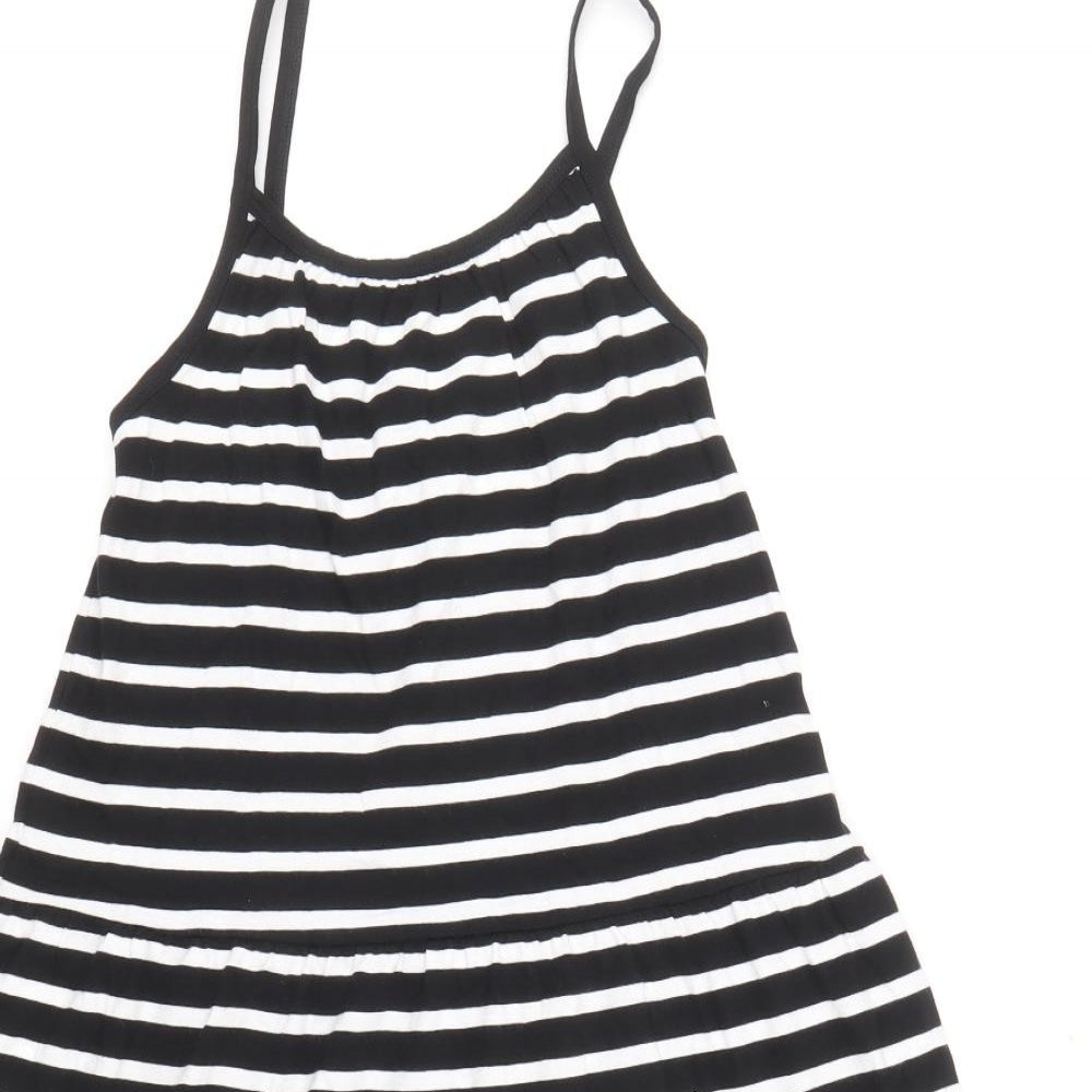 Marks and Spencer Girls Black Striped 100% Cotton Skater Dress Size 6-7 Years Round Neck Pullover
