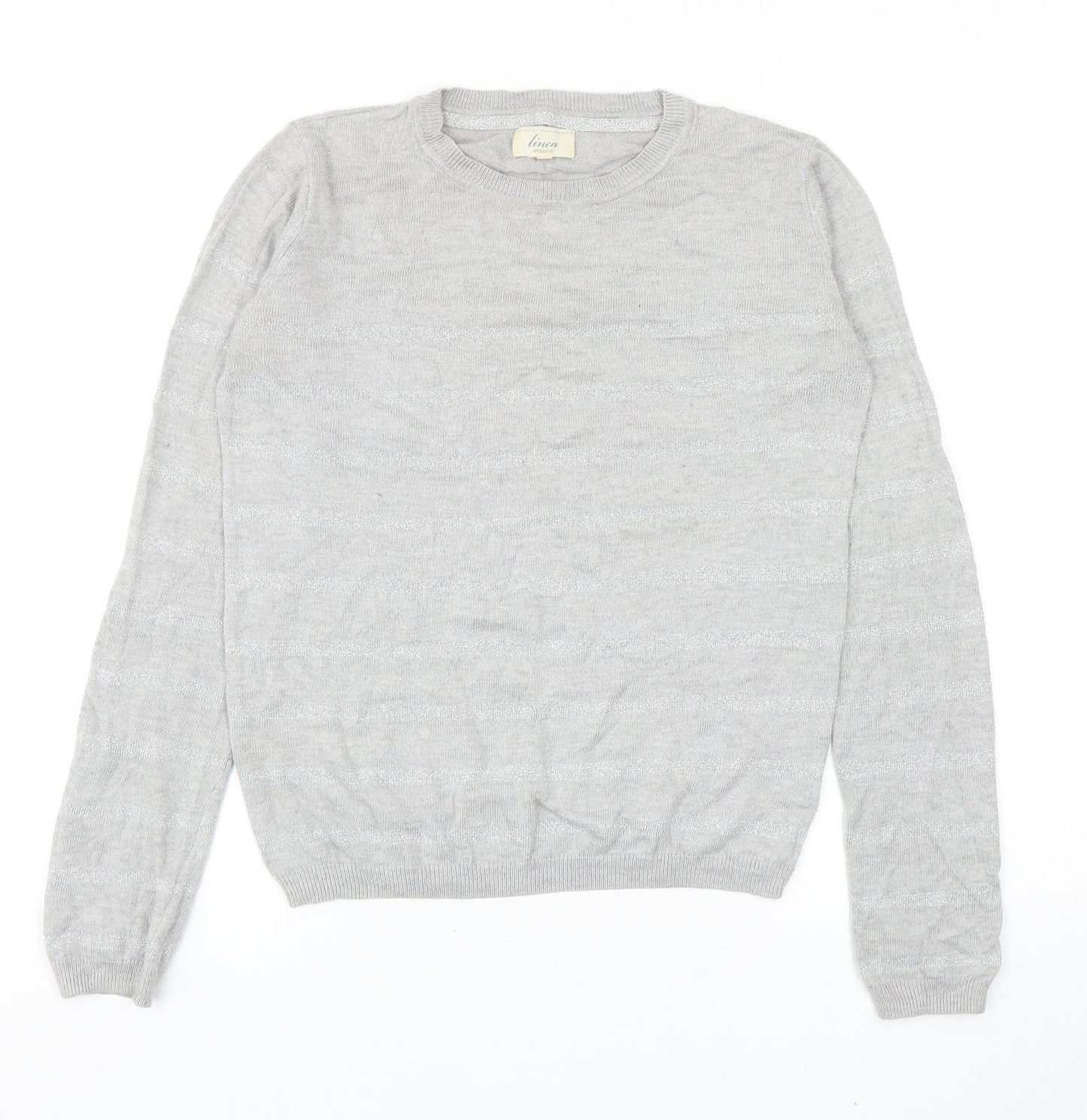 Linea Womens Grey Round Neck Striped Viscose Pullover Jumper Size XS