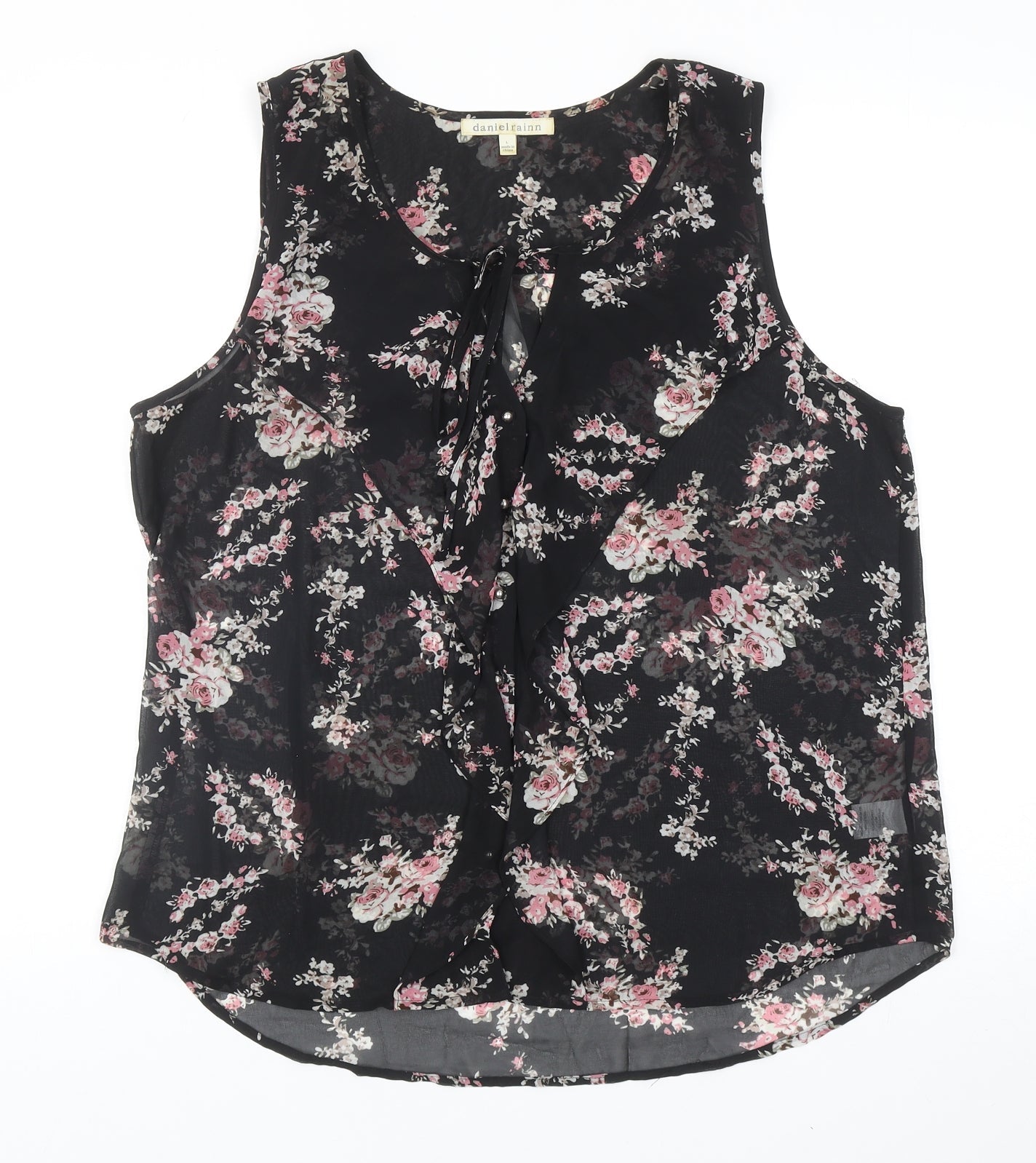 Daniel Rainn Womens Black Floral Polyester Basic Tank Size L Scoop Neck - Tie Neck