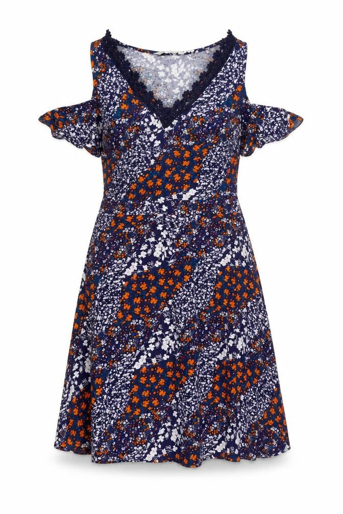 Peacocks Womens Multicoloured Floral Viscose Fit & Flare Size 8 V-Neck Zip - Cold Shoulder