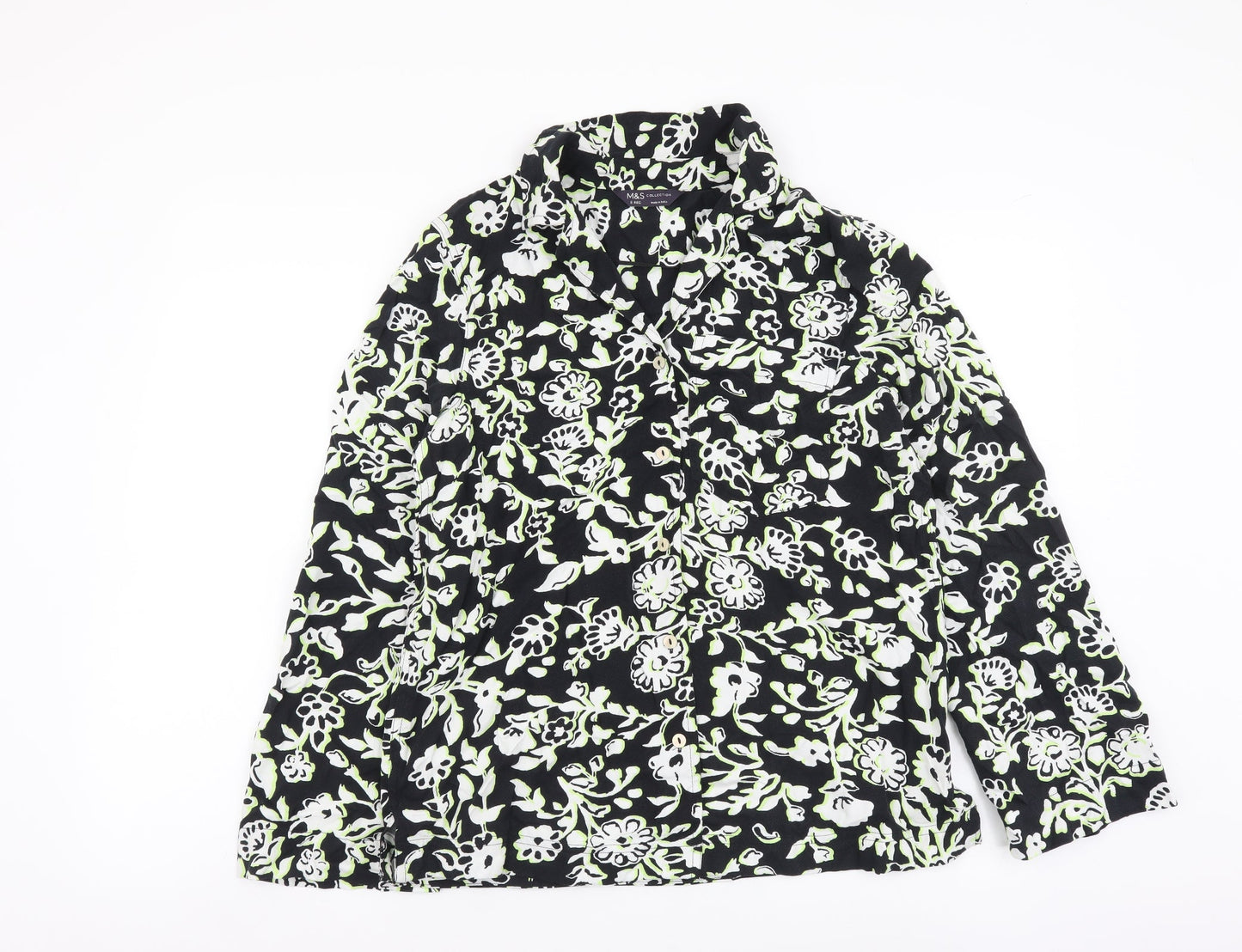 Marks and Spencer Womens Black Floral Viscose Basic Button-Up Size 6 Collared