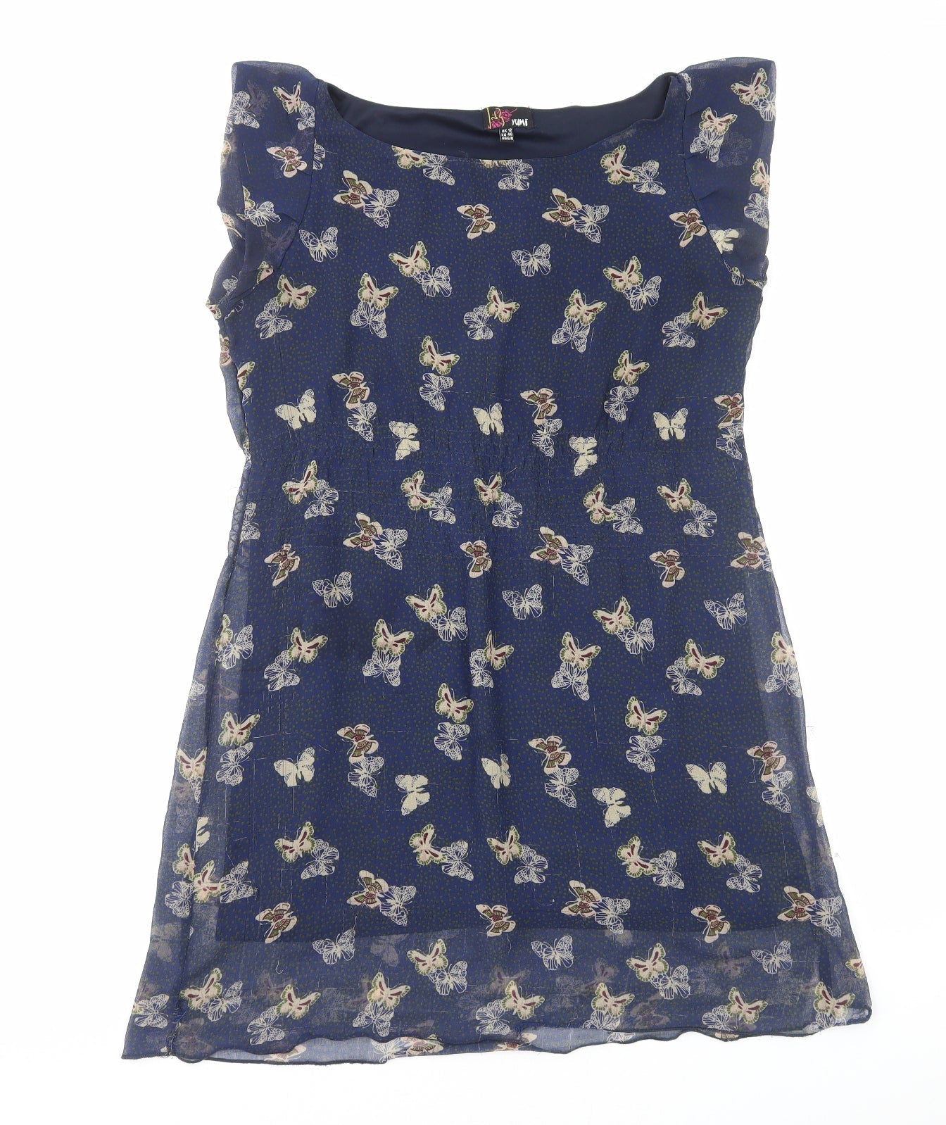 Yumi Womens Blue Geometric Polyester A-Line Size 12 Boat Neck Pullover - Butterfly Print