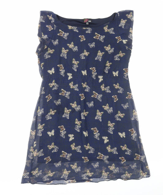 Yumi Womens Blue Geometric Polyester A-Line Size 12 Boat Neck Pullover - Butterfly Print