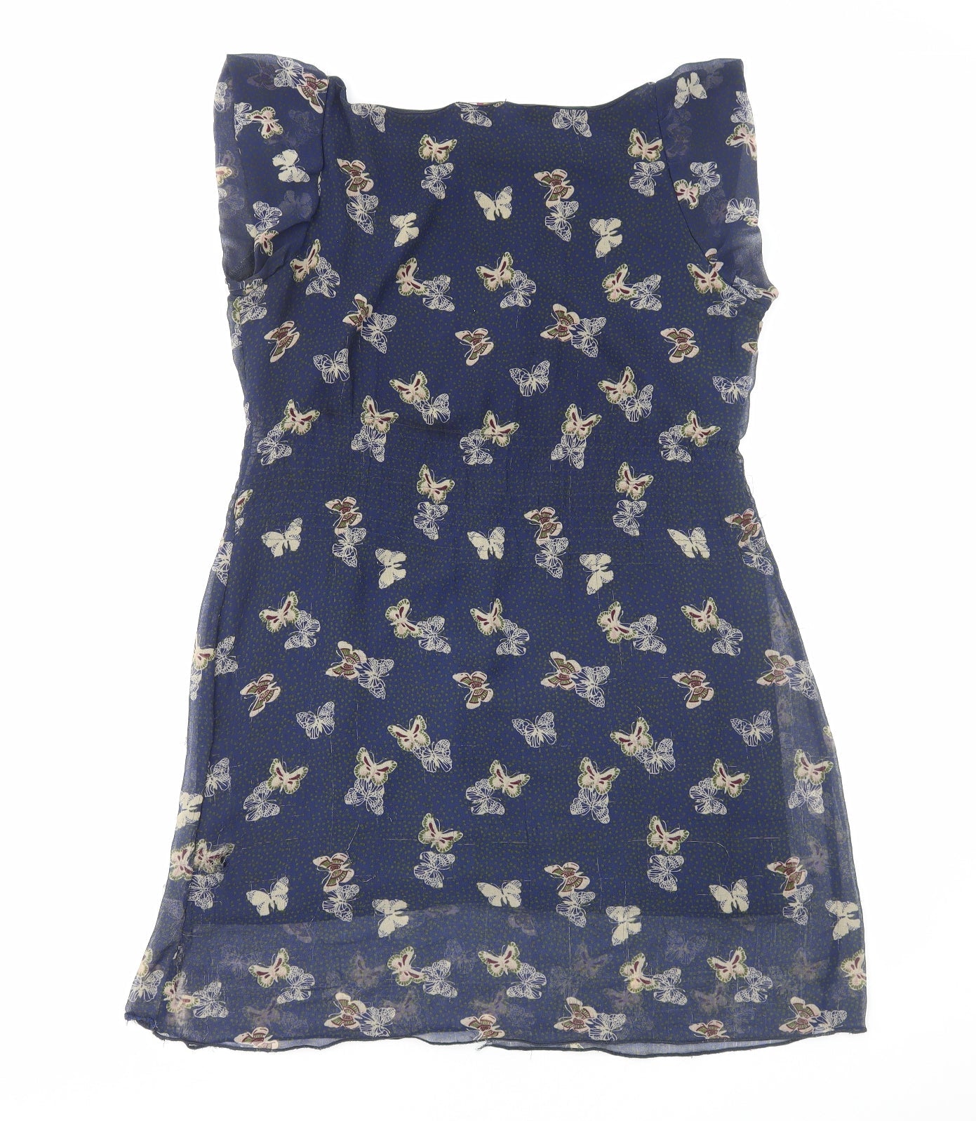 Yumi Womens Blue Geometric Polyester A-Line Size 12 Boat Neck Pullover - Butterfly Print