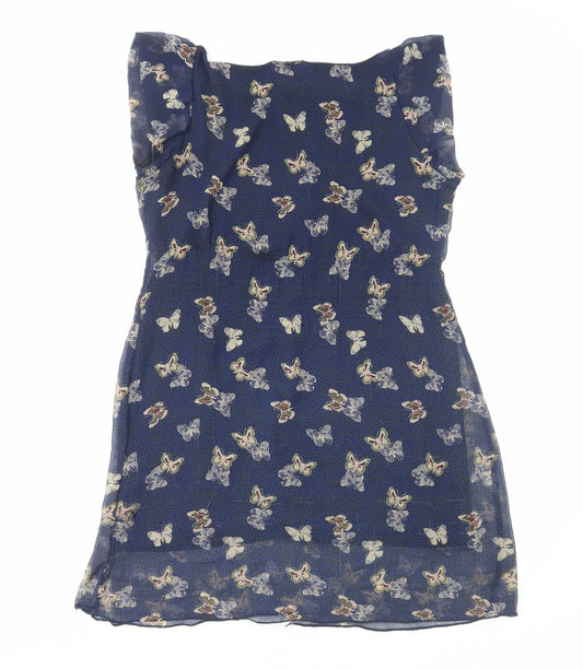 Yumi Womens Blue Geometric Polyester A-Line Size 12 Boat Neck Pullover - Butterfly Print