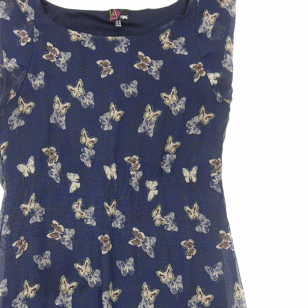 Yumi Womens Blue Geometric Polyester A-Line Size 12 Boat Neck Pullover - Butterfly Print