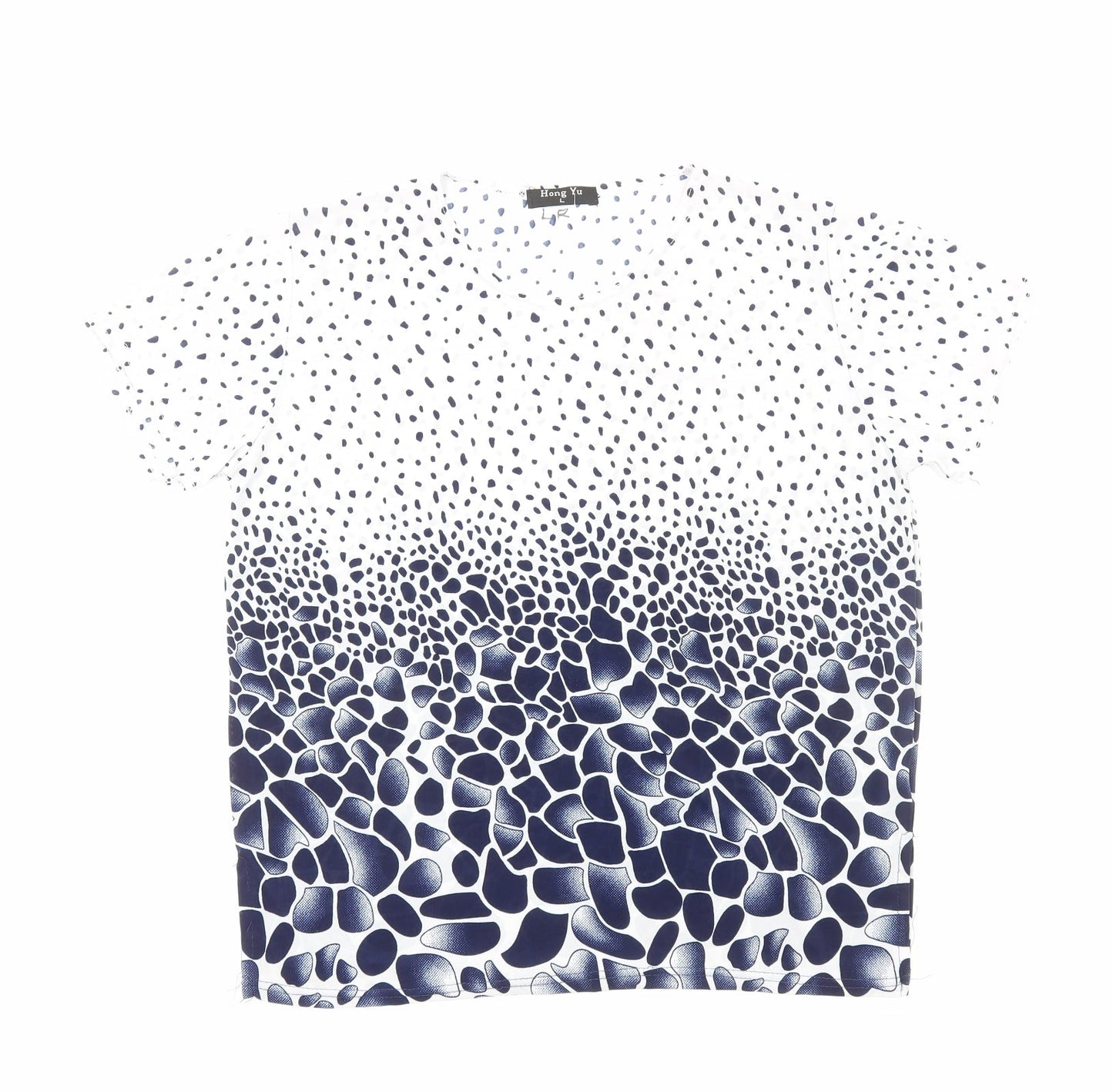 Hong Yu Womens Blue Geometric Polyester Basic T-Shirt Size L Crew Neck