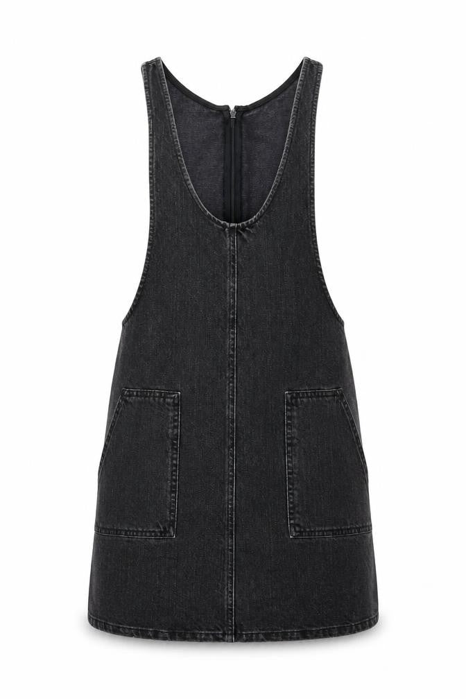 ASOS Womens Black Cotton Pinafore/Dungaree Dress Size 6 Scoop Neck Zip