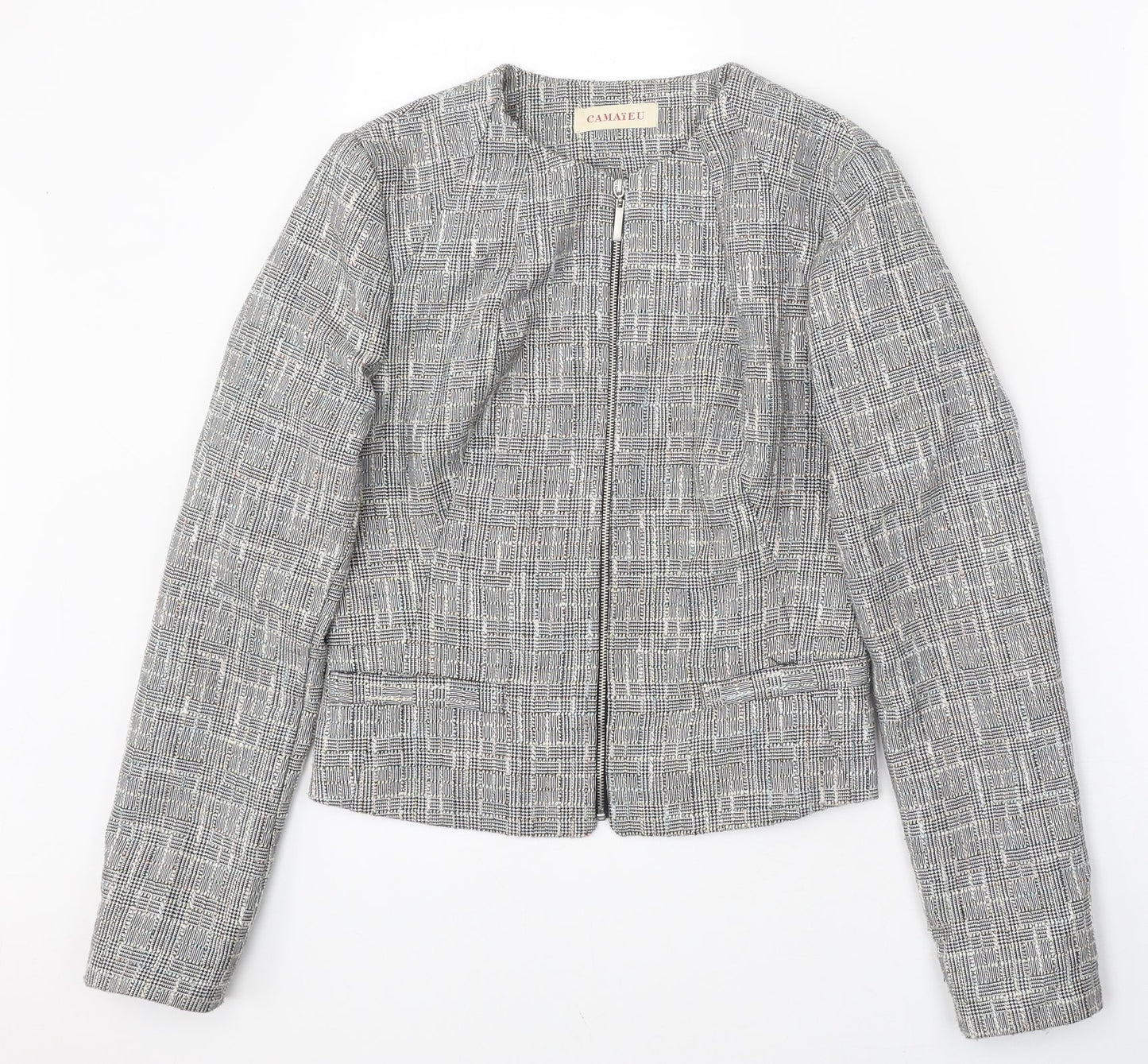 Camaieu Womens Grey Plaid Jacket Size 6 Zip