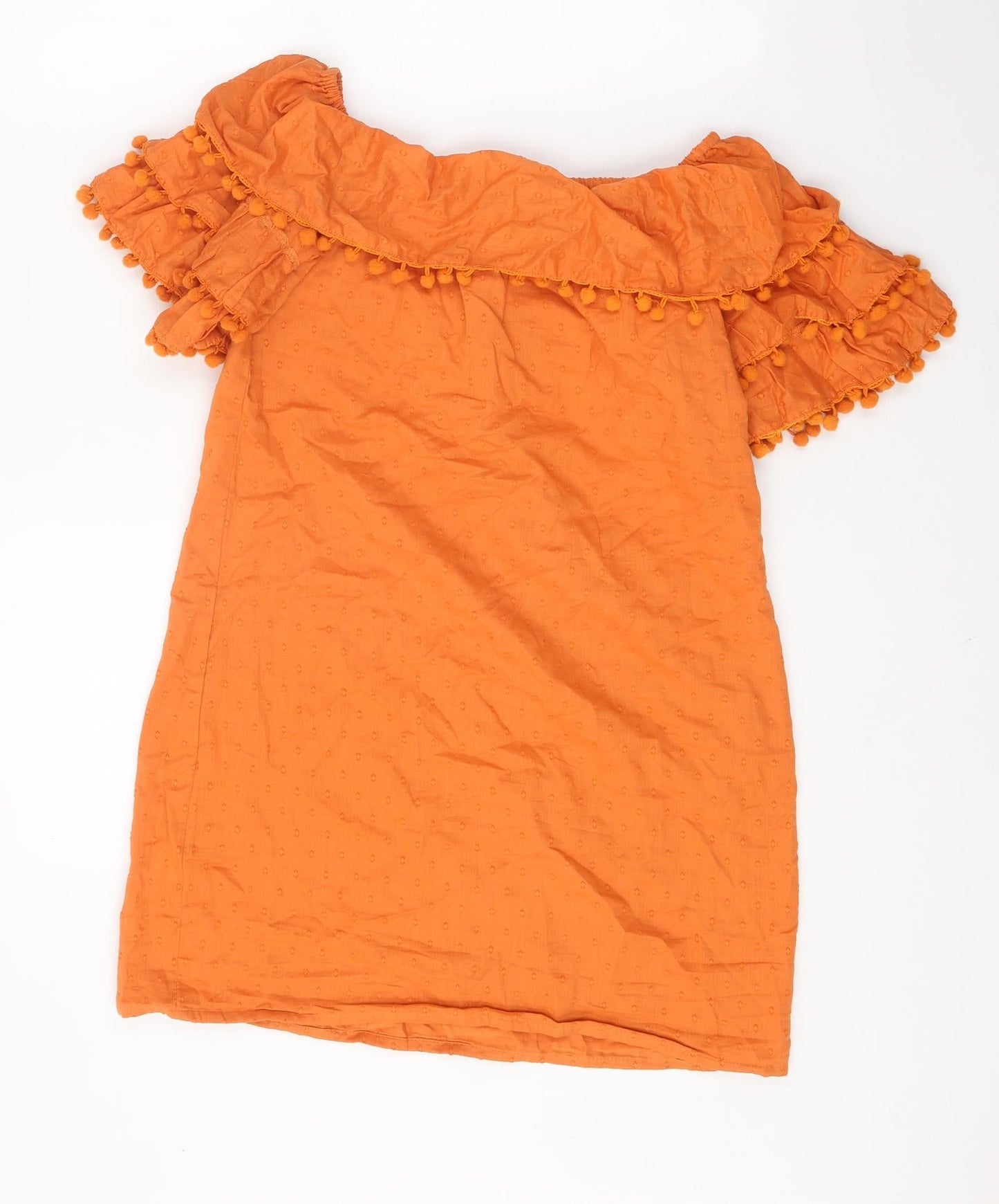 PRETTYLITTLETHING Womens Orange 100% Cotton Mini Size 4 Off the Shoulder Pullover - Pom Poms