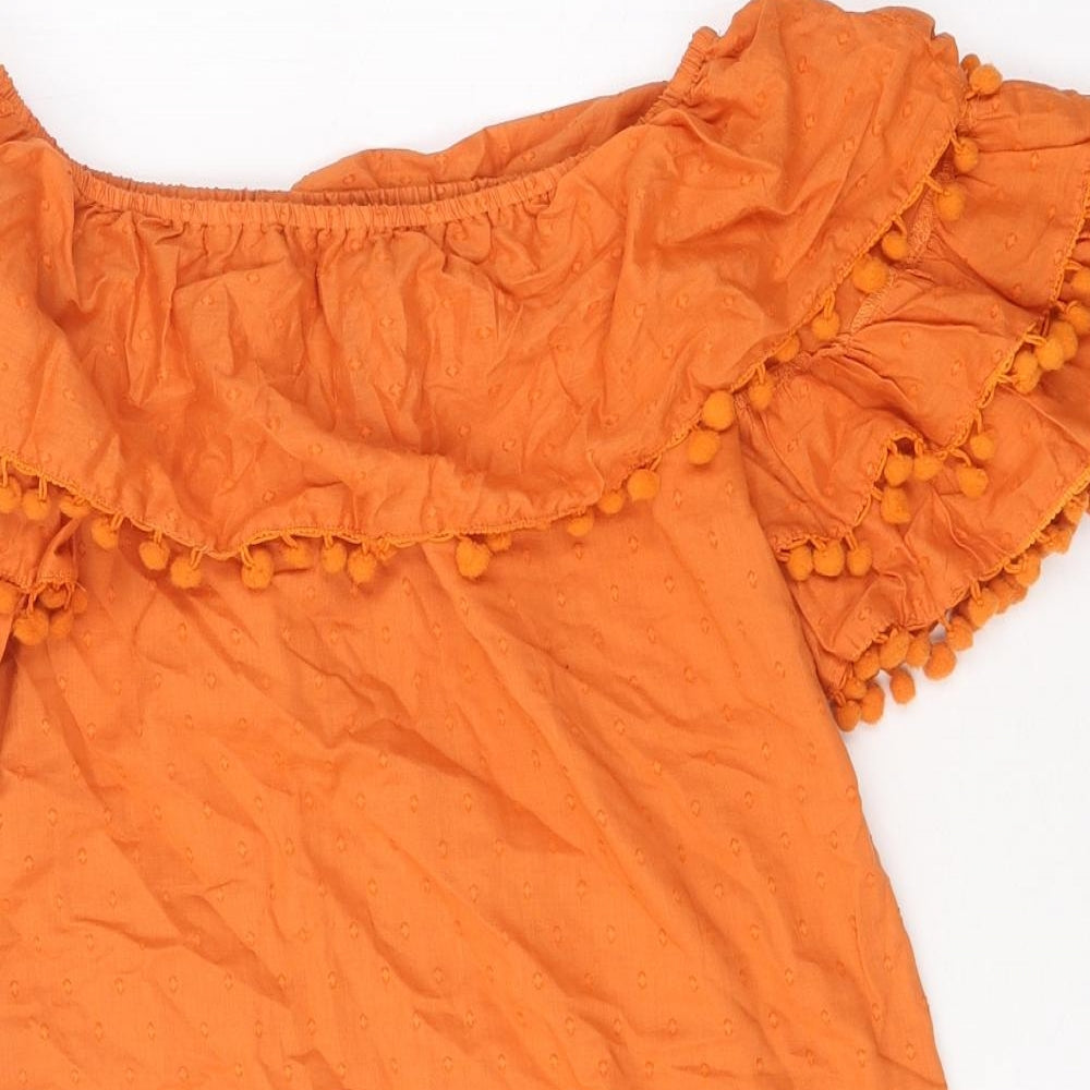 PRETTYLITTLETHING Womens Orange 100% Cotton Mini Size 4 Off the Shoulder Pullover - Pom Poms