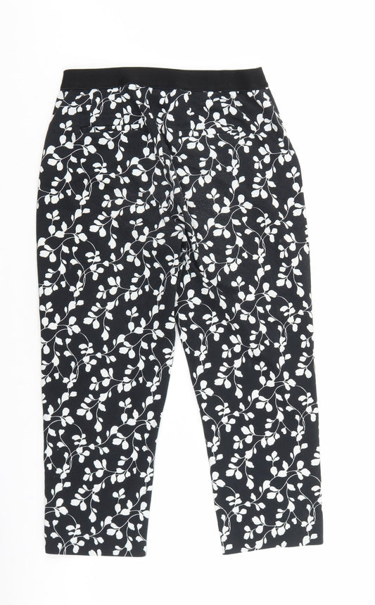 Marks and Spencer Womens Black Floral Cotton Trousers Size 10 L21 in Slim Zip