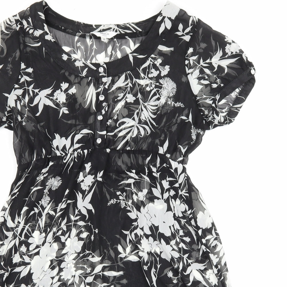 M&Co Womens Black Floral Polyester A-Line Size 10 Boat Neck Button