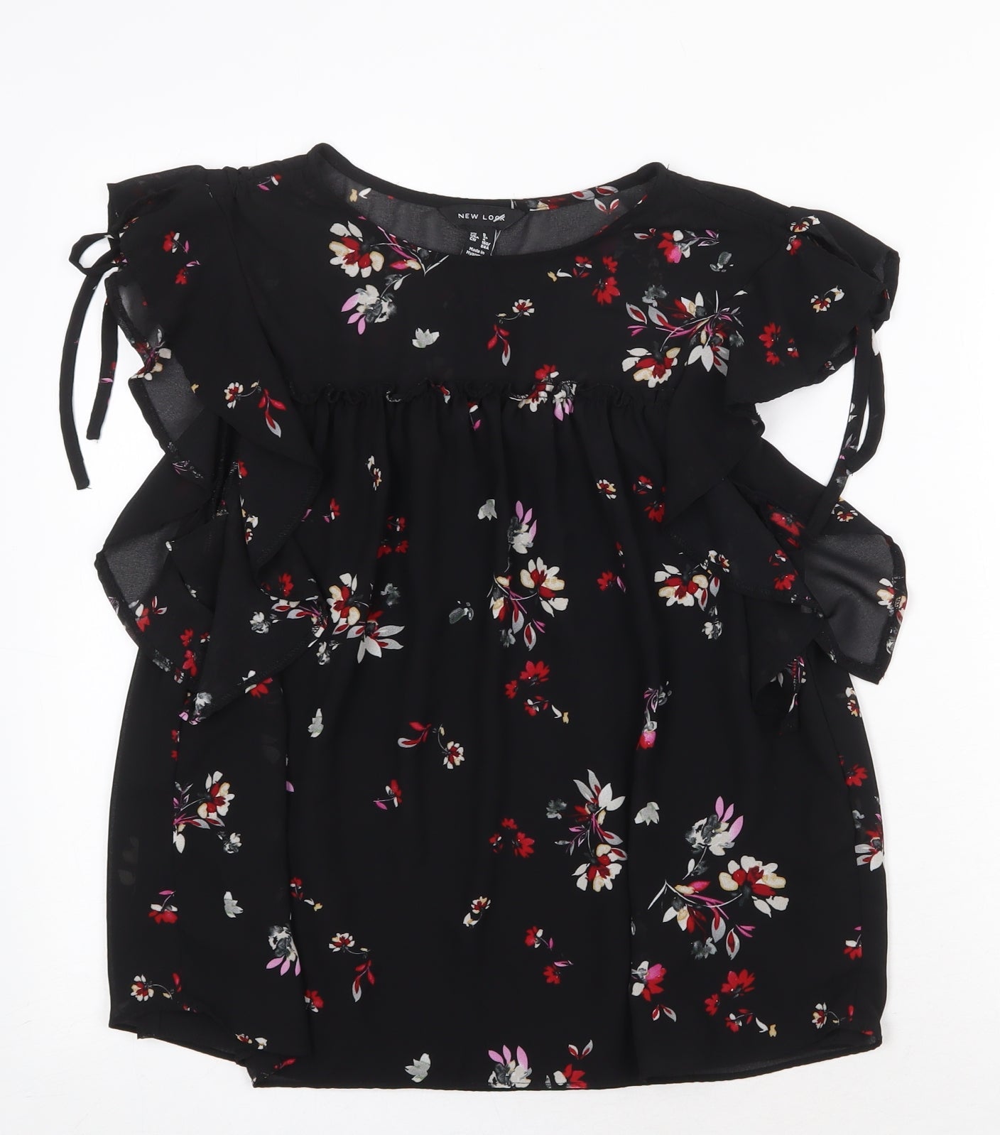New Look Womens Black Floral Polyester Basic Blouse Size 8 Boat Neck - Tie Sleeve Detail