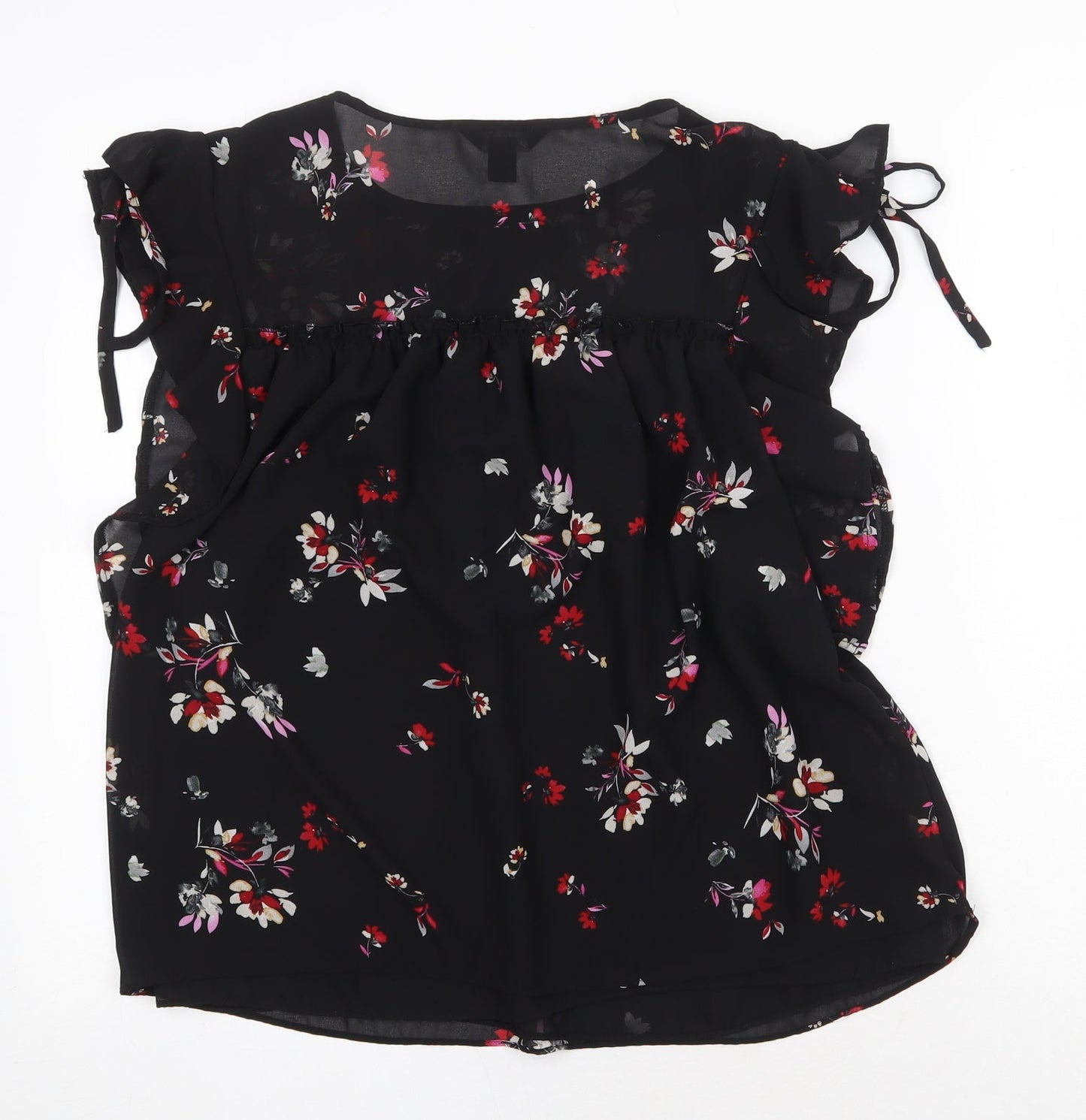 New Look Womens Black Floral Polyester Basic Blouse Size 8 Boat Neck - Tie Sleeve Detail