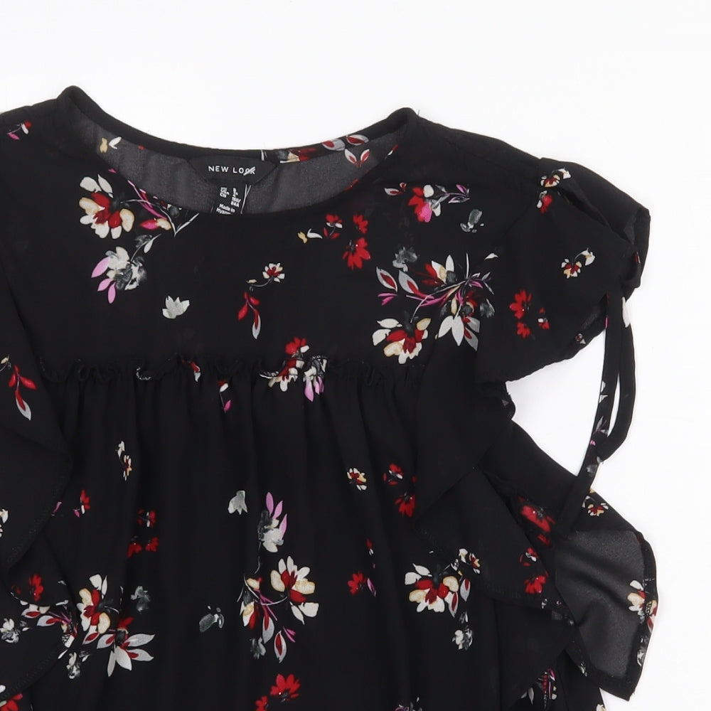 New Look Womens Black Floral Polyester Basic Blouse Size 8 Boat Neck - Tie Sleeve Detail