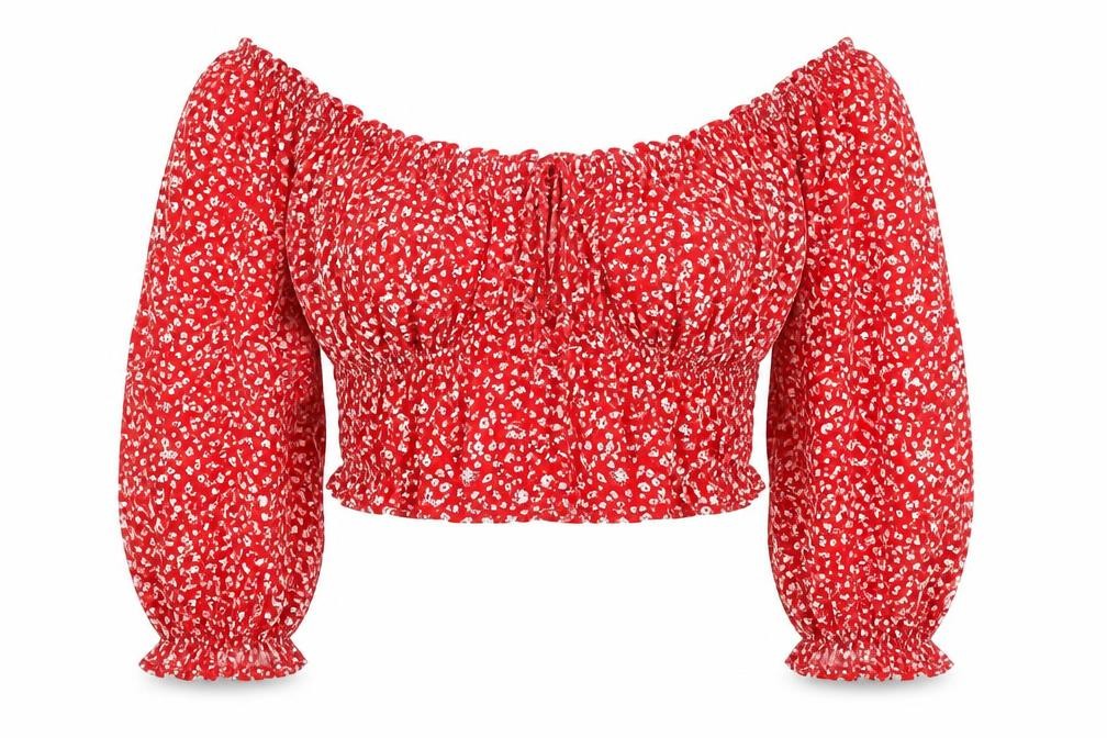 Beyond Words Womens Red Floral Viscose Cropped Blouse Size M Off the Shoulder - Bardot