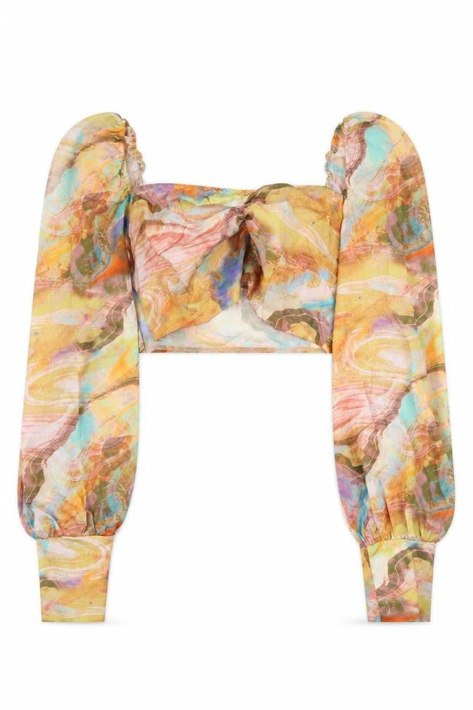 PRETTYLITTLETHING Womens Multicoloured Geometric Polyester Cropped Blouse Size 10 Square Neck - Marble Print