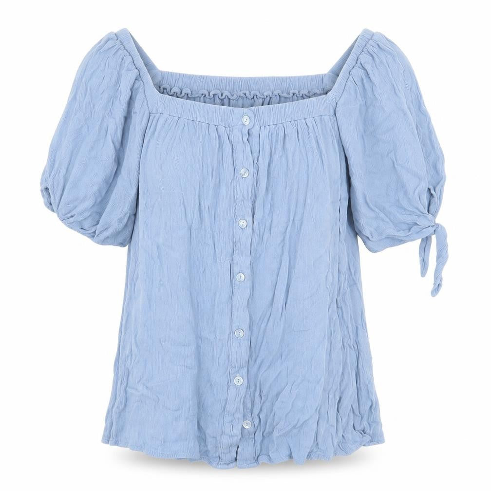 New Look Womens Blue Viscose Basic Blouse Size 8 Square Neck - Tie Sleeve Detail