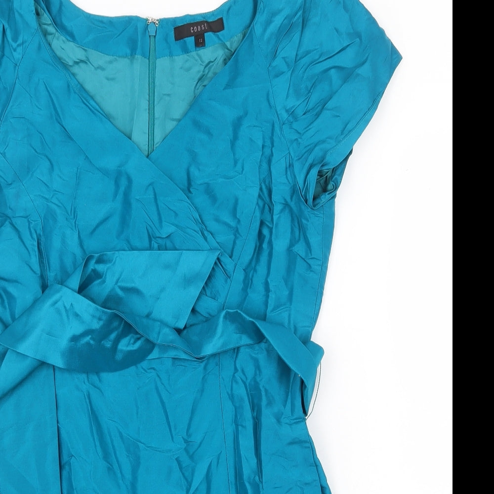 Coast Womens Green Silk A-Line Size 12 V-Neck Zip
