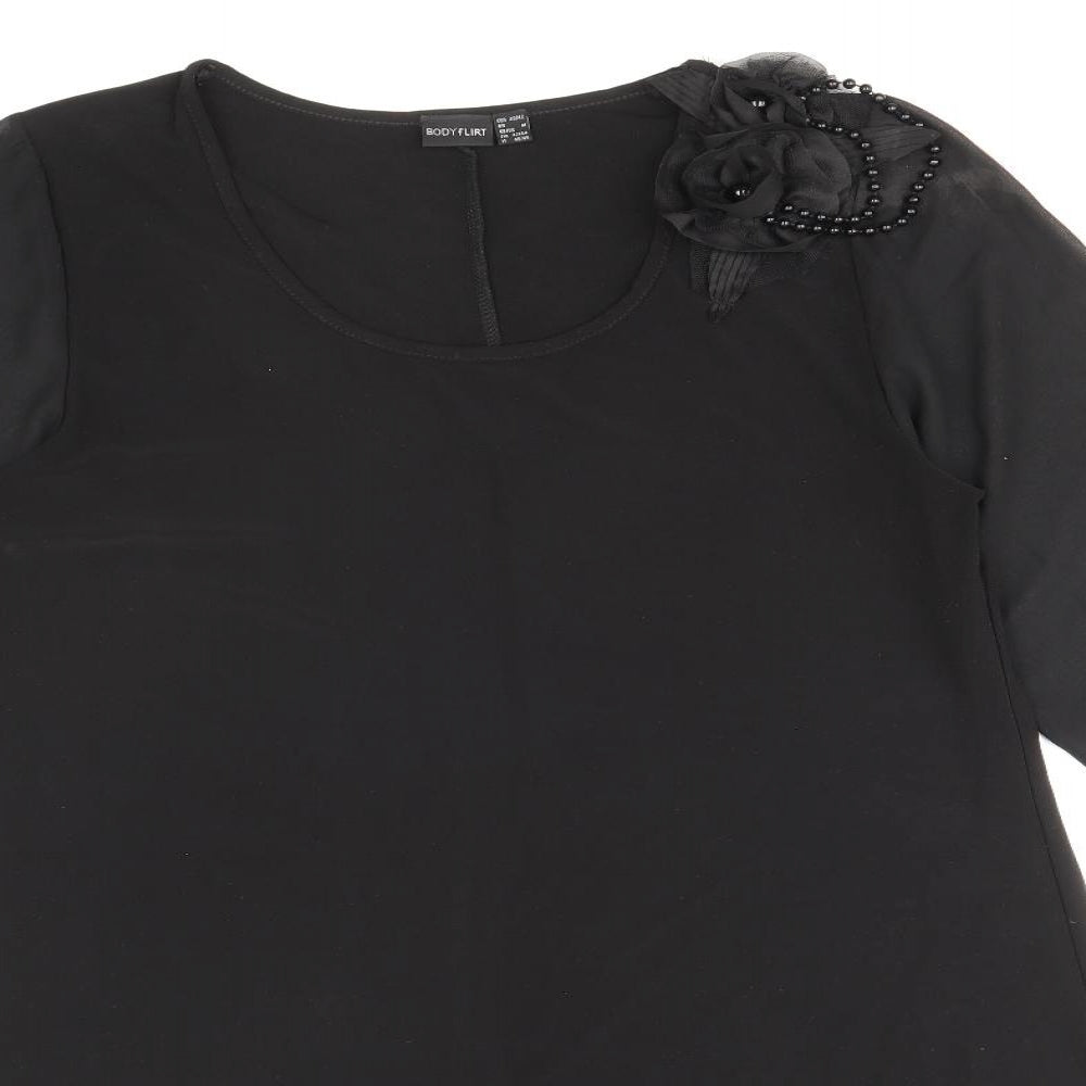 Body Flirt Womens Black Polyester Shift Size M Scoop Neck Pullover - Flower Detail