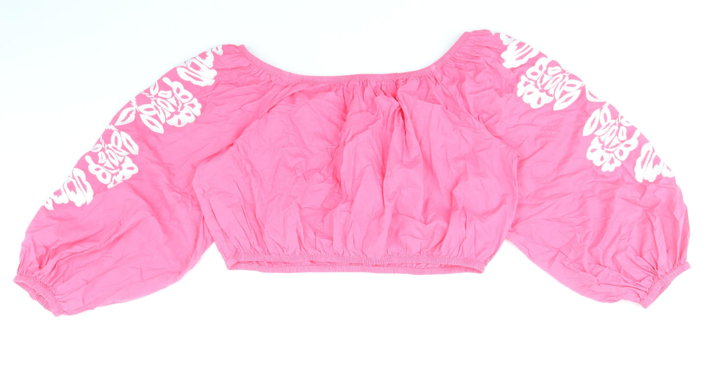 Marks and Spencer Womens Pink 100% Cotton Cropped Blouse Size 18 Boat Neck - Flower Detail