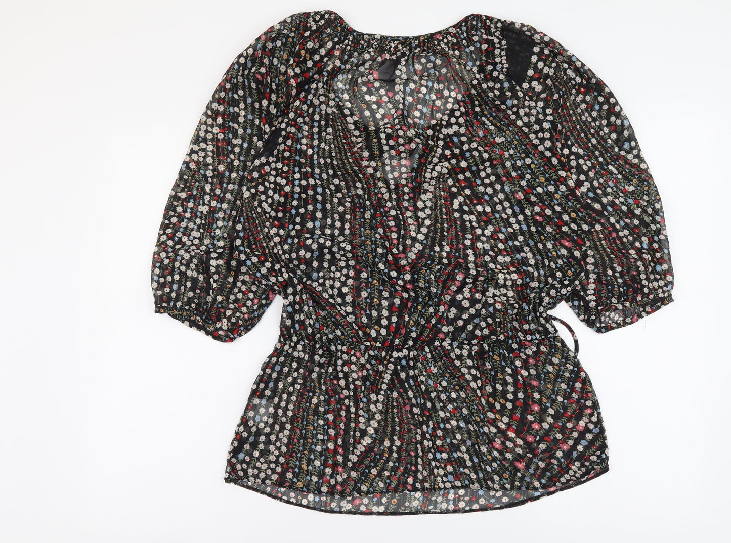 et vous Womens Black Floral Polyester Basic Blouse Size 10 Scoop Neck - Tie Neck
