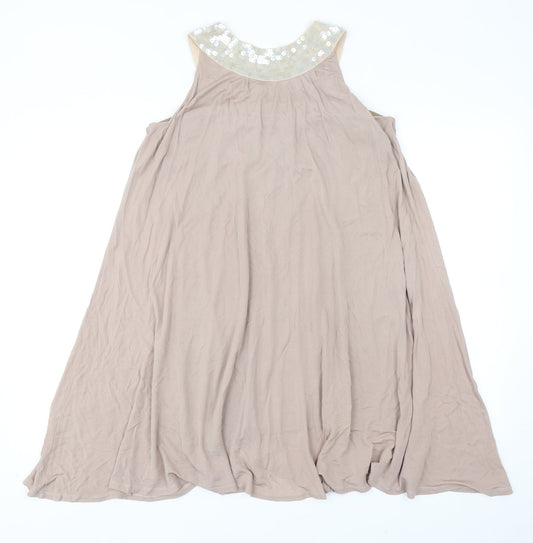 Preworn Womens Beige Polyester Trapeze & Swing Size 10 Round Neck Pullover - Embellished Neckline