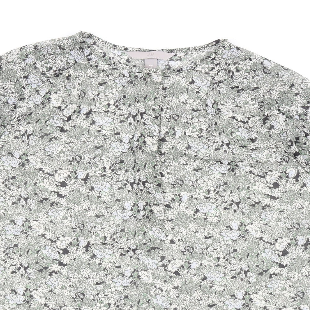 H&M Womens Green Floral Polyester Basic Blouse Size S Round Neck