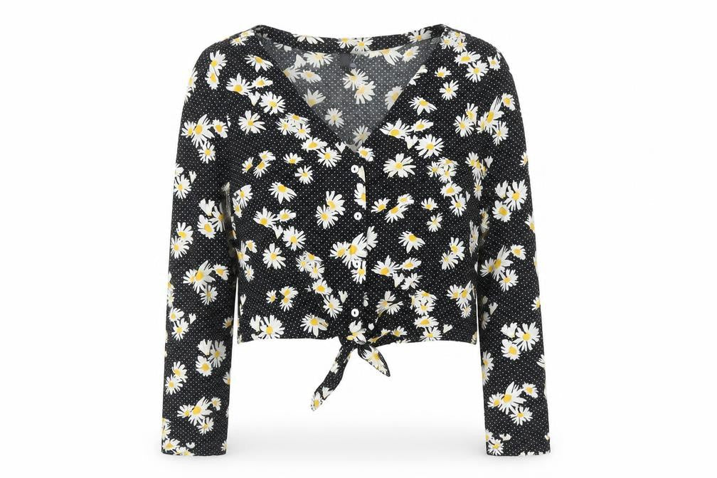 H&M Womens Black Floral Viscose Cropped Button-Up Size 10 V-Neck - Knot Front