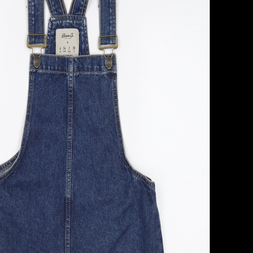 Denim & Co. Womens Blue Cotton Pinafore/Dungaree Dress Size 6 Square Neck Button
