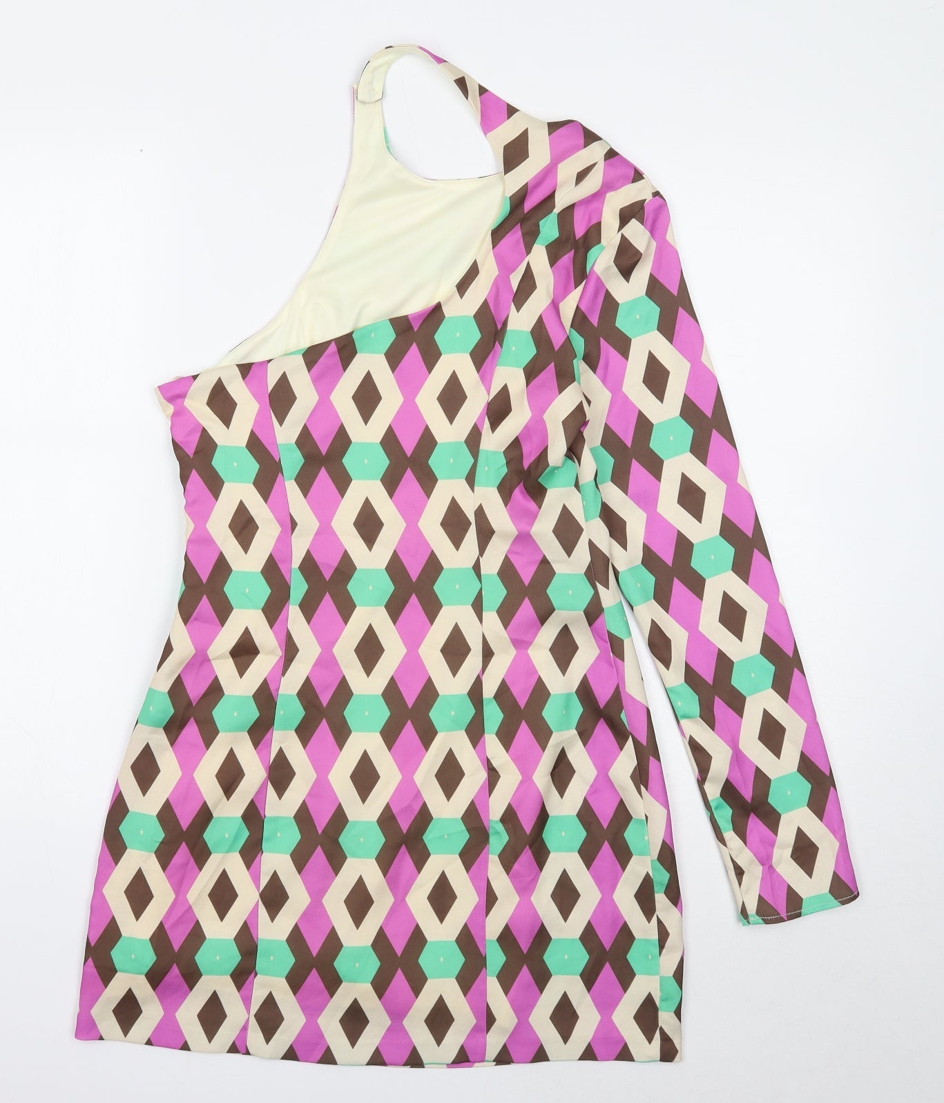 Zara Womens Multicoloured Geometric Polyester A-Line Size M One Shoulder Button