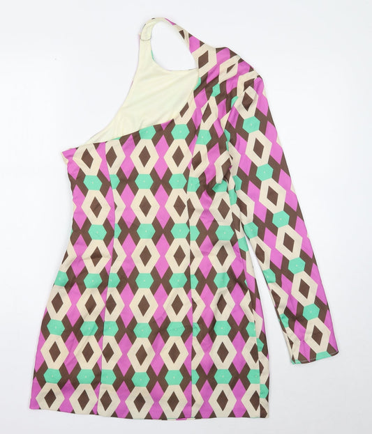 Zara Womens Multicoloured Geometric Polyester A-Line Size M One Shoulder Button