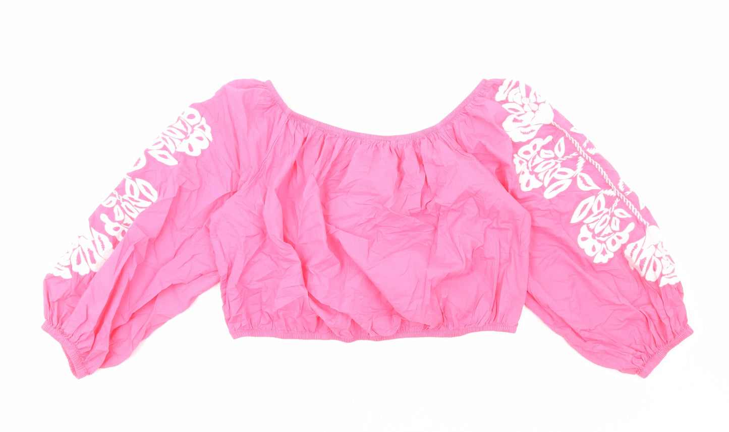 Marks and Spencer Womens Pink Geometric Cotton Cropped Blouse Size 20 Off the Shoulder - Flower detail on sleeves