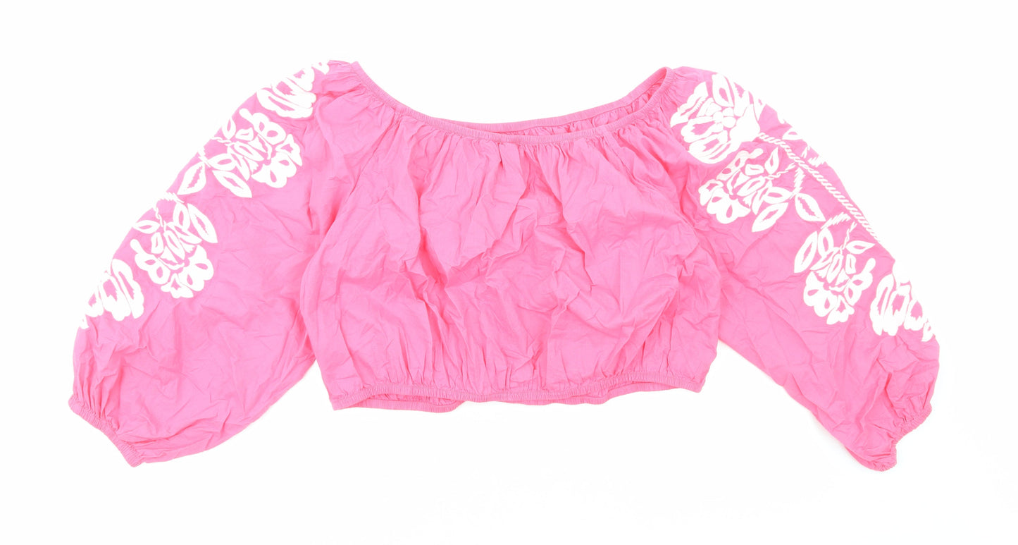 Marks and Spencer Womens Pink Geometric Cotton Cropped Blouse Size 20 Off the Shoulder - Flower detail on sleeves