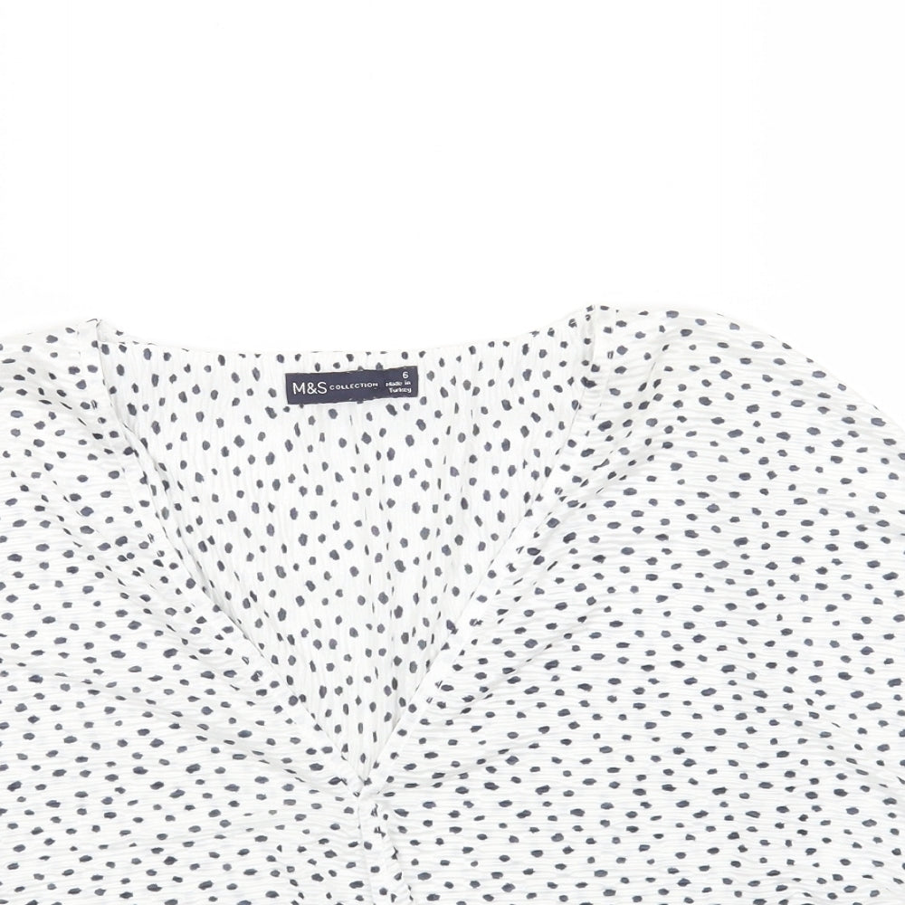 Marks and Spencer Womens White Geometric Polyester Basic Blouse Size 6 V-Neck - Knot Front