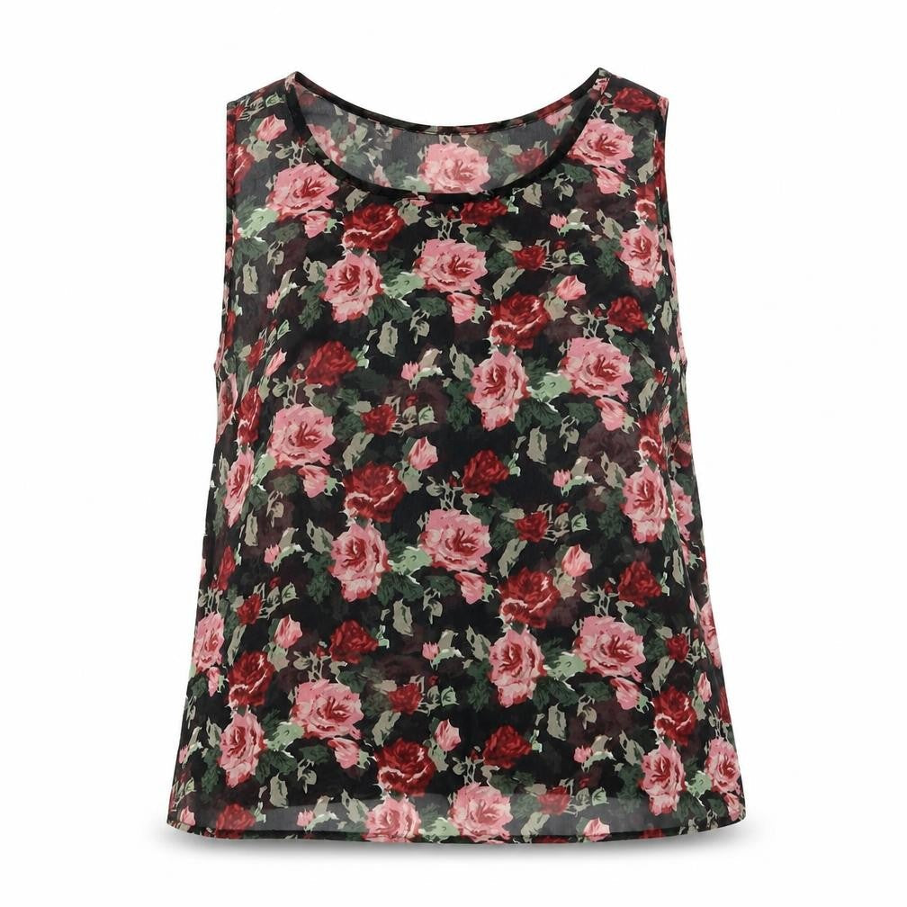 Select Womens Black Floral Polyester Basic Tank Size 10 Round Neck