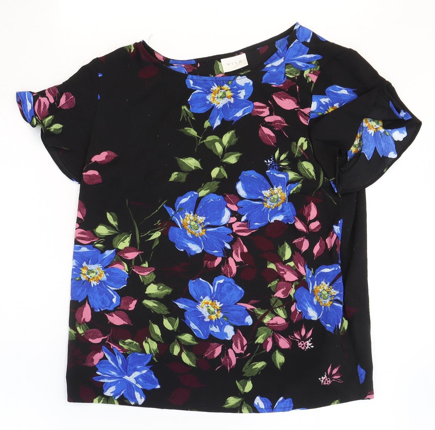 VILA Womens Black Floral Polyester Basic T-Shirt Size 36 Round Neck